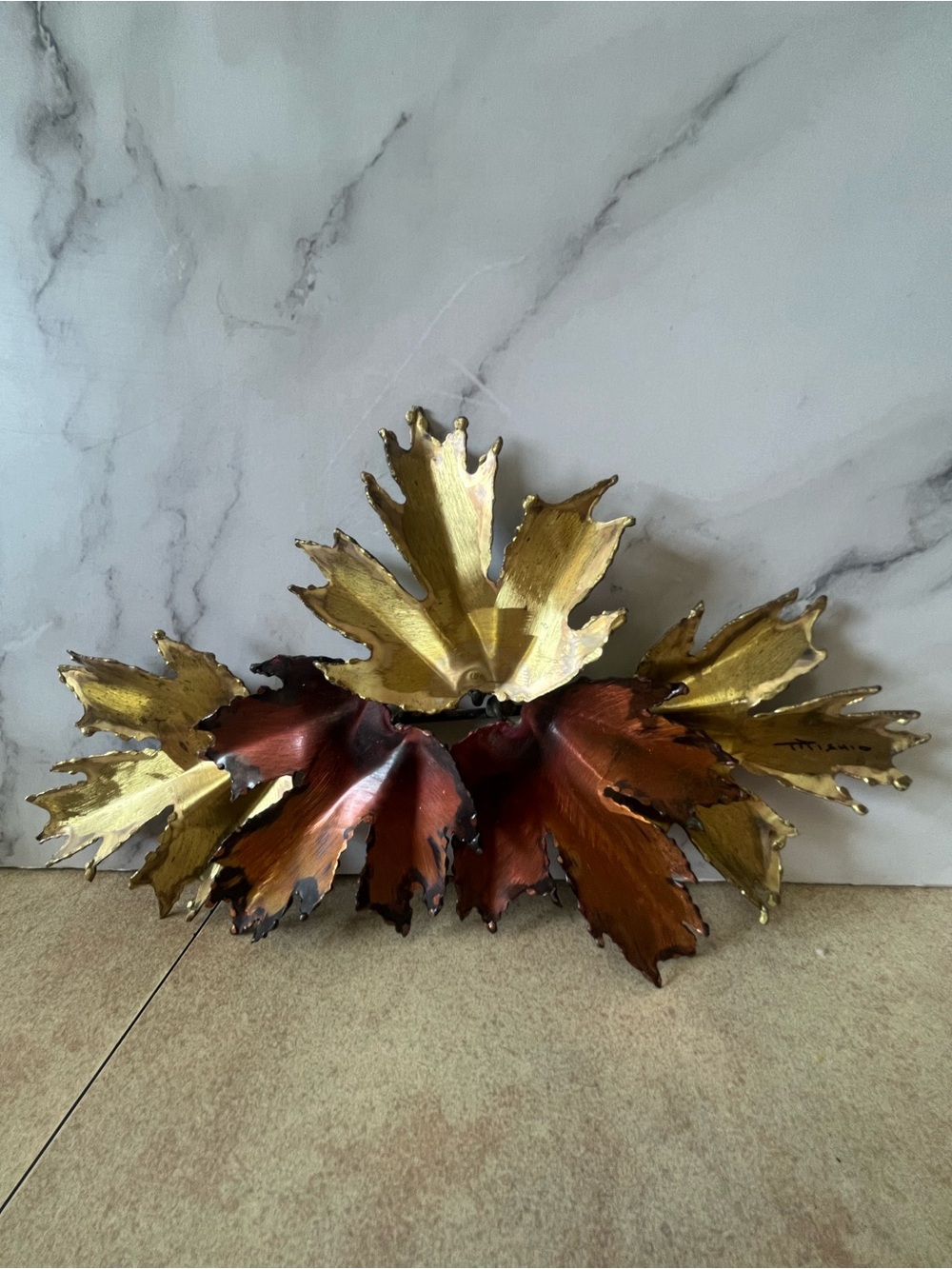 Vintage Mid-Century Modern Brutalist Metal Maple Leaf Wall Sculpture – Signed